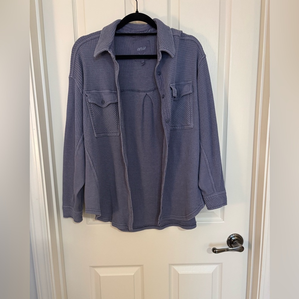 aerie Women’s Waffle Knit Button-Down Shirt Jacket in Blue